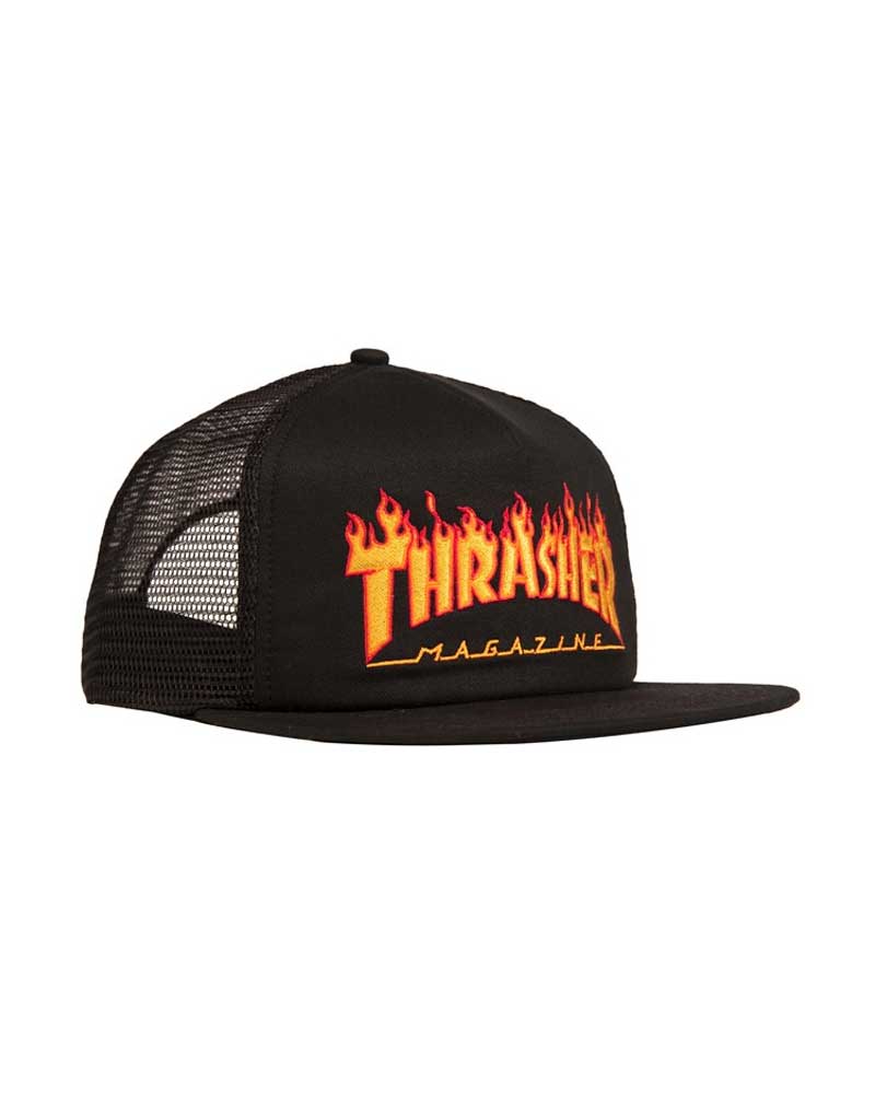 Thrasher Flame Logo Embroidered Mesh Black Hat
